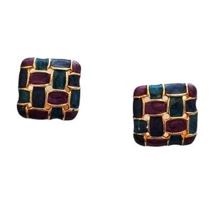 Vintage Gold Plated Purple Green Enamel Mosaic Earrings
